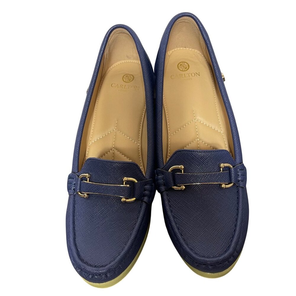 Carlton London Textured Moc-Toe Wedges in Navy Blue with gold accents, size US 9